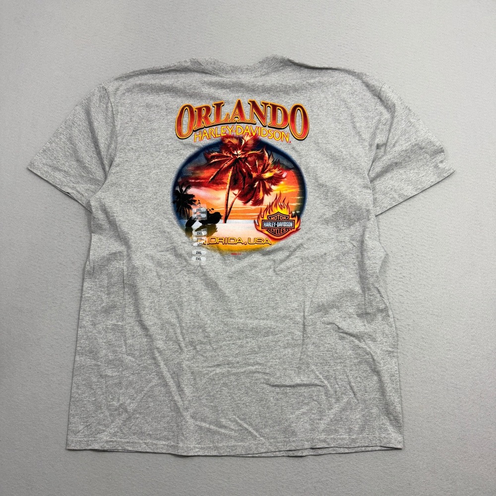 Harley-Davidson T-Shirt Mens 2XL Gray Orlando Burning Palms Graphic Short Sleeve
